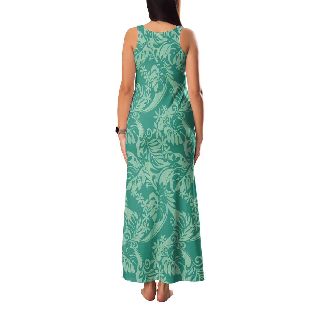 Tahiti Teal Tiare Floral Tank Maxi Dress Monstera Palm Tropical Leaves - Polynesian Pride