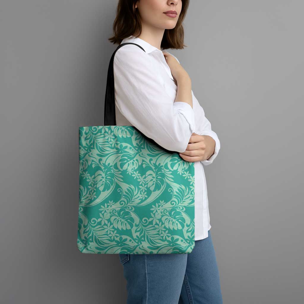 Tahiti Teal Tiare Floral Tote Bag Monstera Palm Tropical Leaves - Polynesian Pride