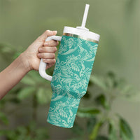 Tahiti Teal Tiare Floral Tumbler With Handle Monstera Palm Tropical Leaves - Polynesian Pride