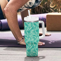 Tahiti Teal Tiare Floral Tumbler With Handle Monstera Palm Tropical Leaves - Polynesian Pride