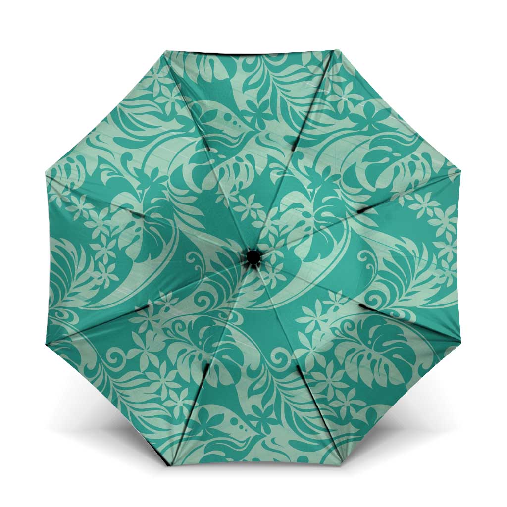Tahiti Teal Tiare Floral Umbrella Monstera Palm Tropical Leaves - Polynesian Pride