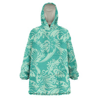 Tahiti Teal Tiare Floral Wearable Blanket Hoodie Monstera Palm Tropical Leaves - Polynesian Pride