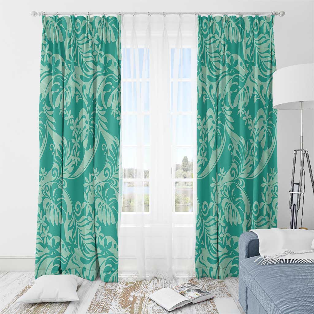 Tahiti Teal Tiare Floral Window Curtain Monstera Palm Tropical Leaves - Polynesian Pride
