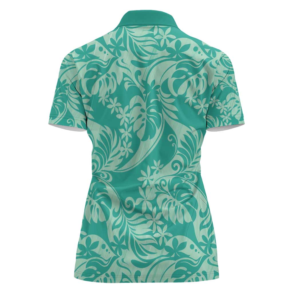 Tahiti Teal Tiare Floral Women Polo Shirt Monstera Palm Tropical Leaves - Polynesian Pride