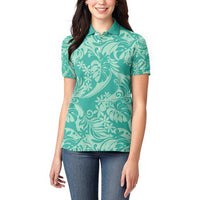Tahiti Teal Tiare Floral Women Polo Shirt Monstera Palm Tropical Leaves - Polynesian Pride