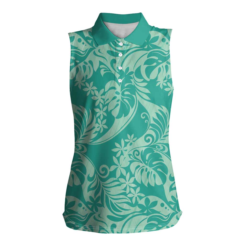 Tahiti Teal Tiare Floral Women Sleeveless Polo Shirt Monstera Palm Tropical Leaves - Polynesian Pride