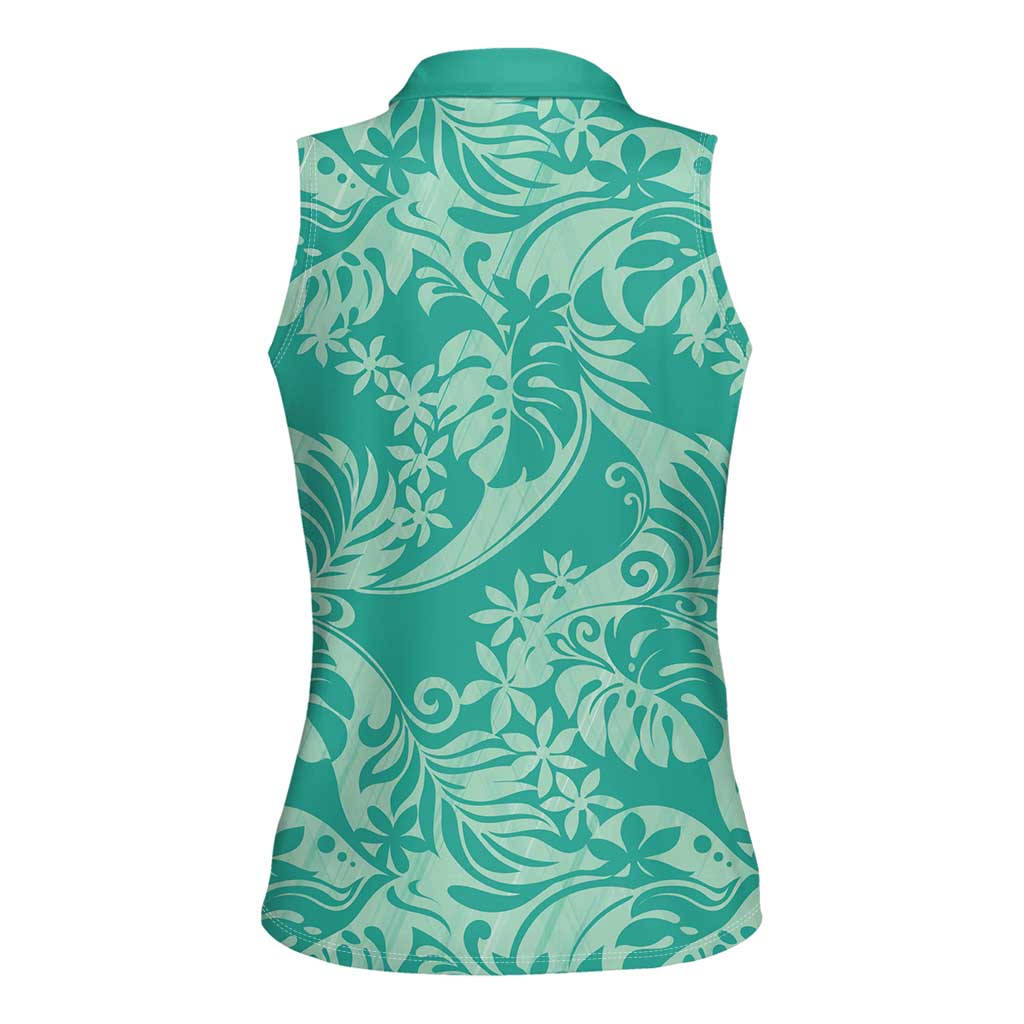 Tahiti Teal Tiare Floral Women Sleeveless Polo Shirt Monstera Palm Tropical Leaves - Polynesian Pride