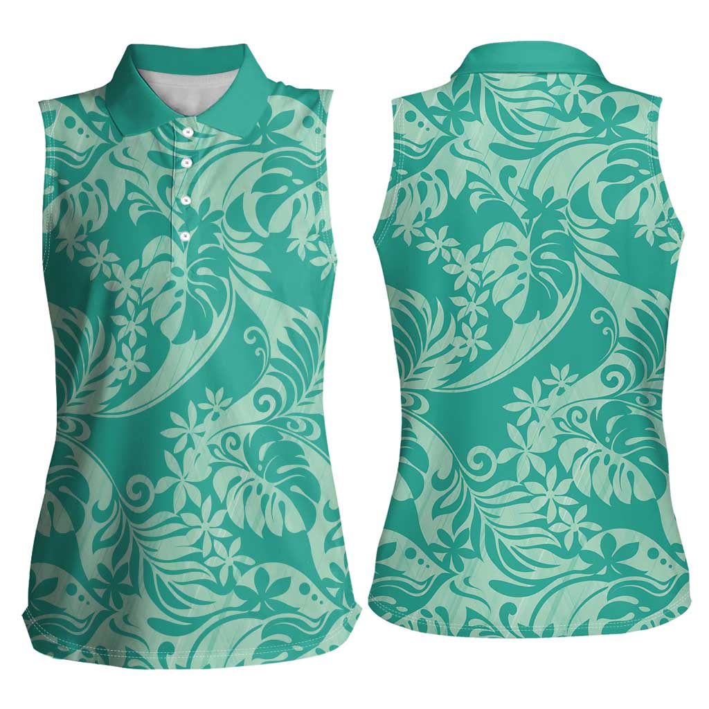 Tahiti Teal Tiare Floral Women Sleeveless Polo Shirt Monstera Palm Tropical Leaves - Polynesian Pride