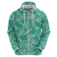 Tahiti Teal Tiare Floral Zip Hoodie Monstera Palm Tropical Leaves - Polynesian Pride