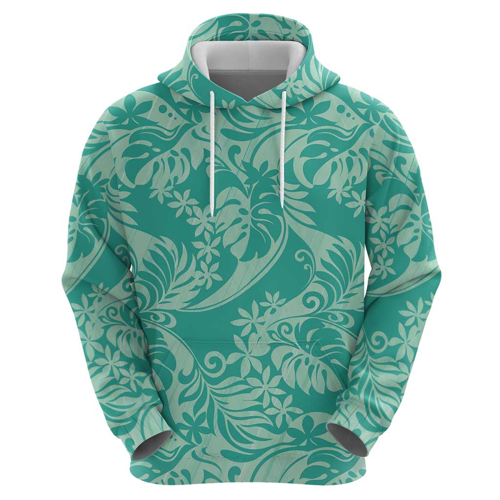 Tahiti Teal Tiare Floral Zip Hoodie Monstera Palm Tropical Leaves - Polynesian Pride