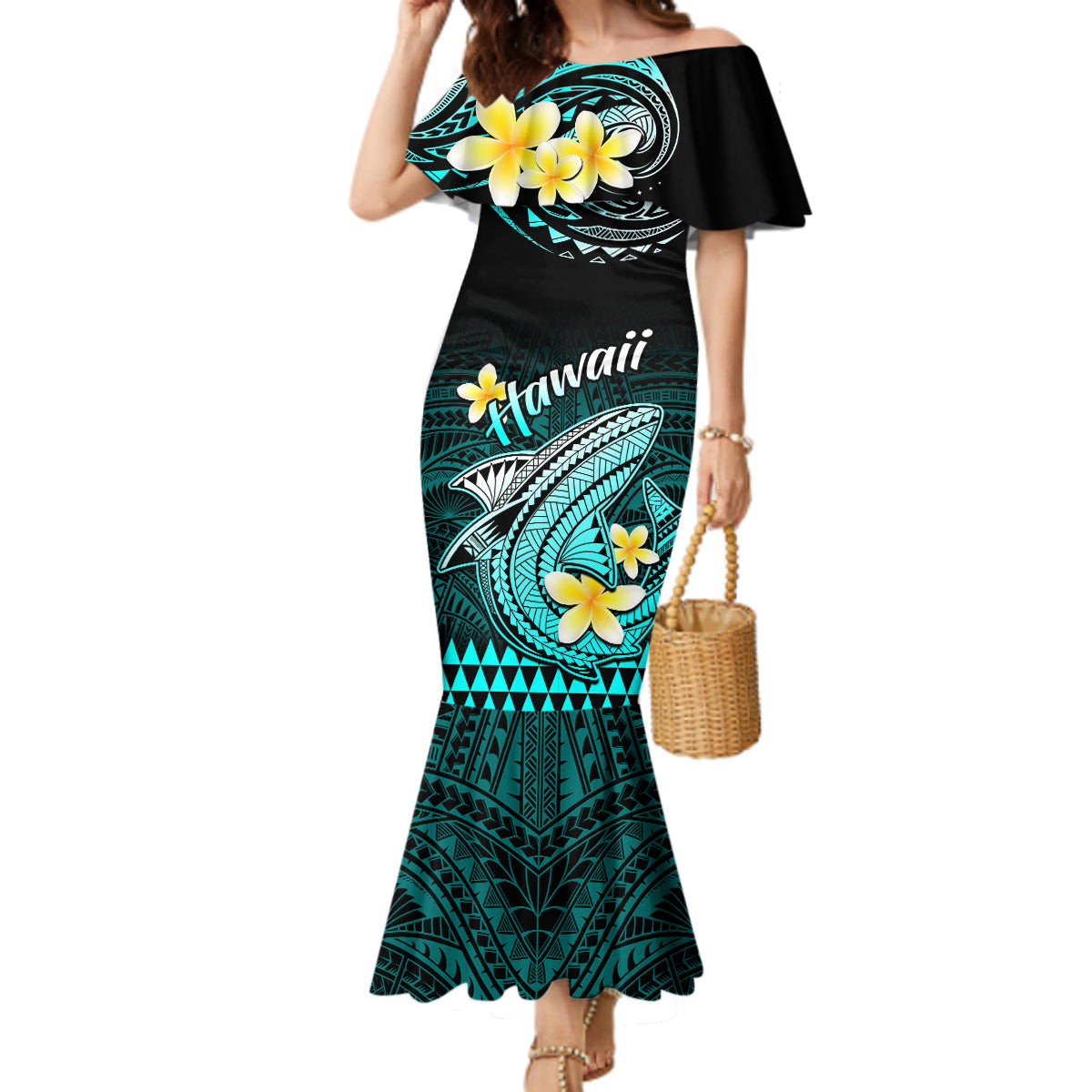 Hawaii Mermaid Dress Polynesian Shark with Kakau Turquoise Version LT01 Women Turquoise - Polynesian Pride