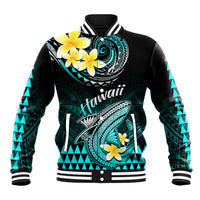 Personalised Hawaii Baseball Jacket Polynesian Shark with Kakau Turquoise Version LT01 Unisex Turquoise - Polynesian Pride