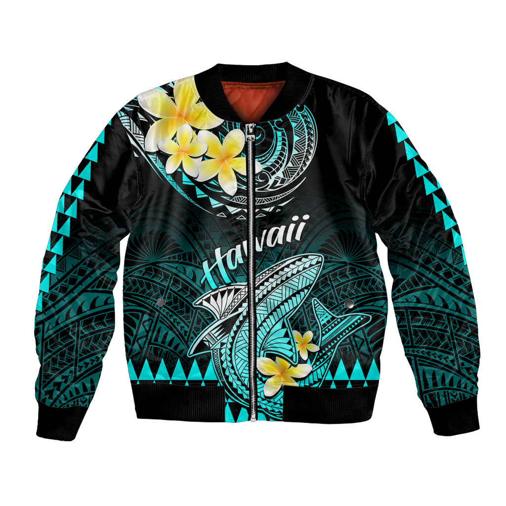 Personalised Hawaii Bomber Jacket Polynesian Shark with Kakau Turquoise Version LT01 Unisex Turquoise - Polynesian Pride
