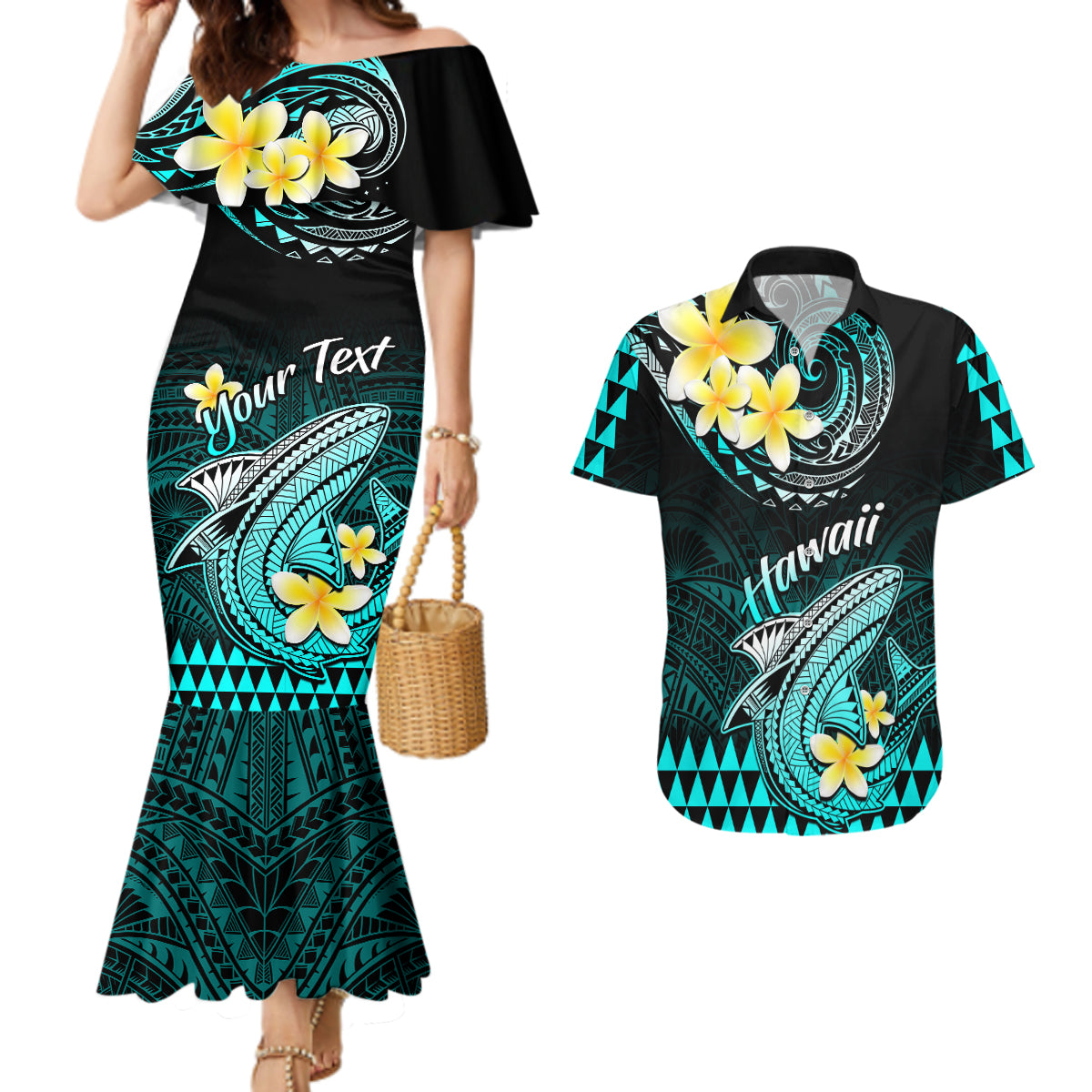 Personalised Hawaii Couples Matching Mermaid Dress and Hawaiian Shirt Polynesian Shark with Kakau Turquoise Version LT01 Turquoise - Polynesian Pride