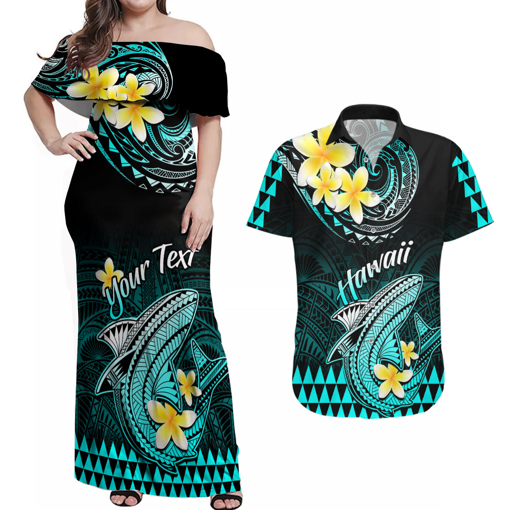 Personalised Hawaii Couples Matching Off Shoulder Maxi Dress and Hawaiian Shirt Polynesian Shark with Kakau Turquoise Version LT01 Turquoise - Polynesian Pride