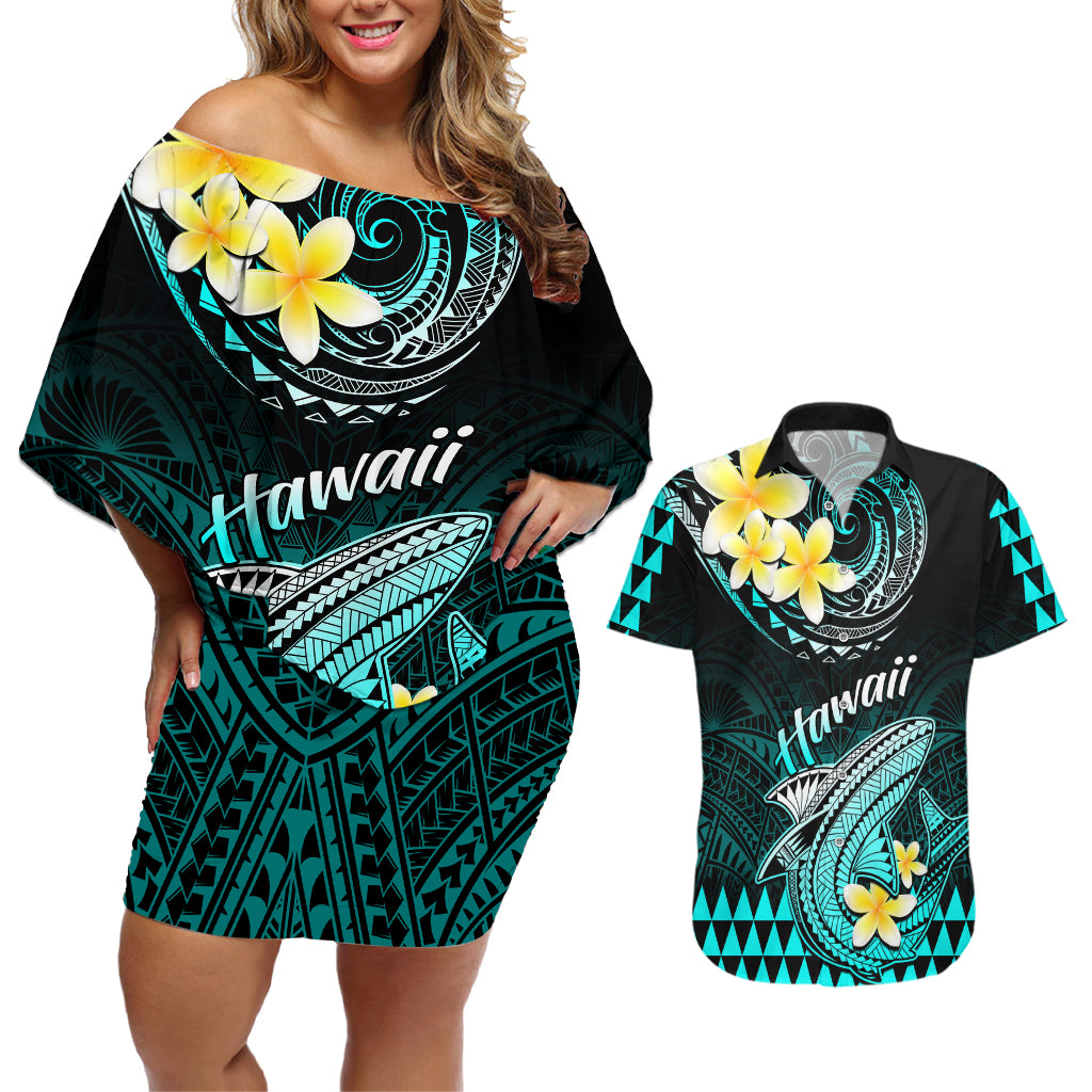 Personalised Hawaii Couples Matching Off Shoulder Short Dress and Hawaiian Shirt Polynesian Shark with Kakau Turquoise Version LT01 Turquoise - Polynesian Pride