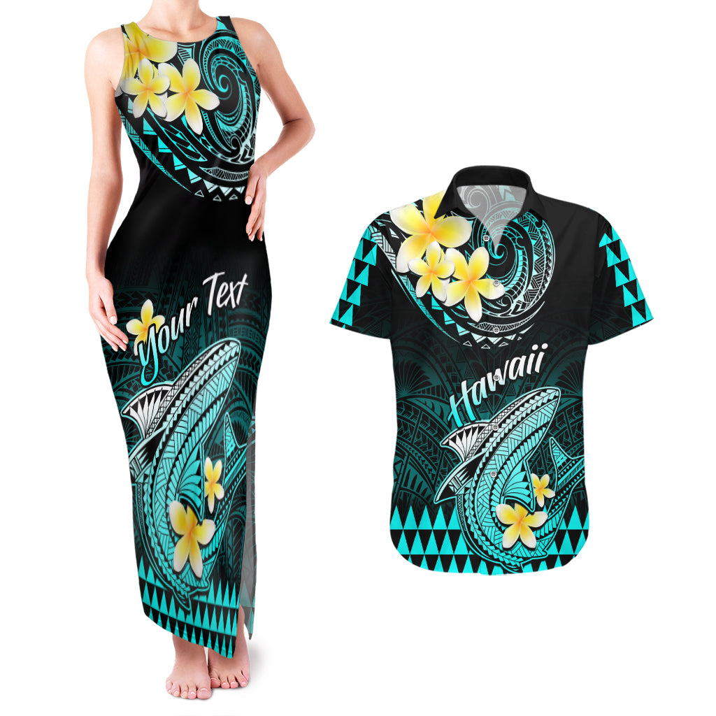 Personalised Hawaii Couples Matching Tank Maxi Dress and Hawaiian Shirt Polynesian Shark with Kakau Turquoise Version LT01 Turquoise - Polynesian Pride