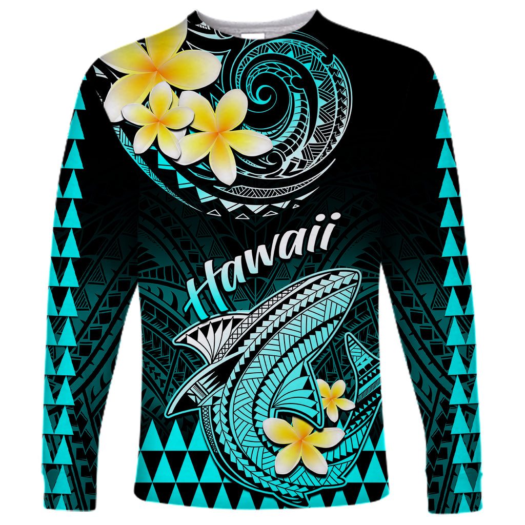 Personalised Hawaii Long Sleeve Shirt Polynesian Shark with Kakau Turquoise Version LT01 Unisex Turquoise - Polynesian Pride