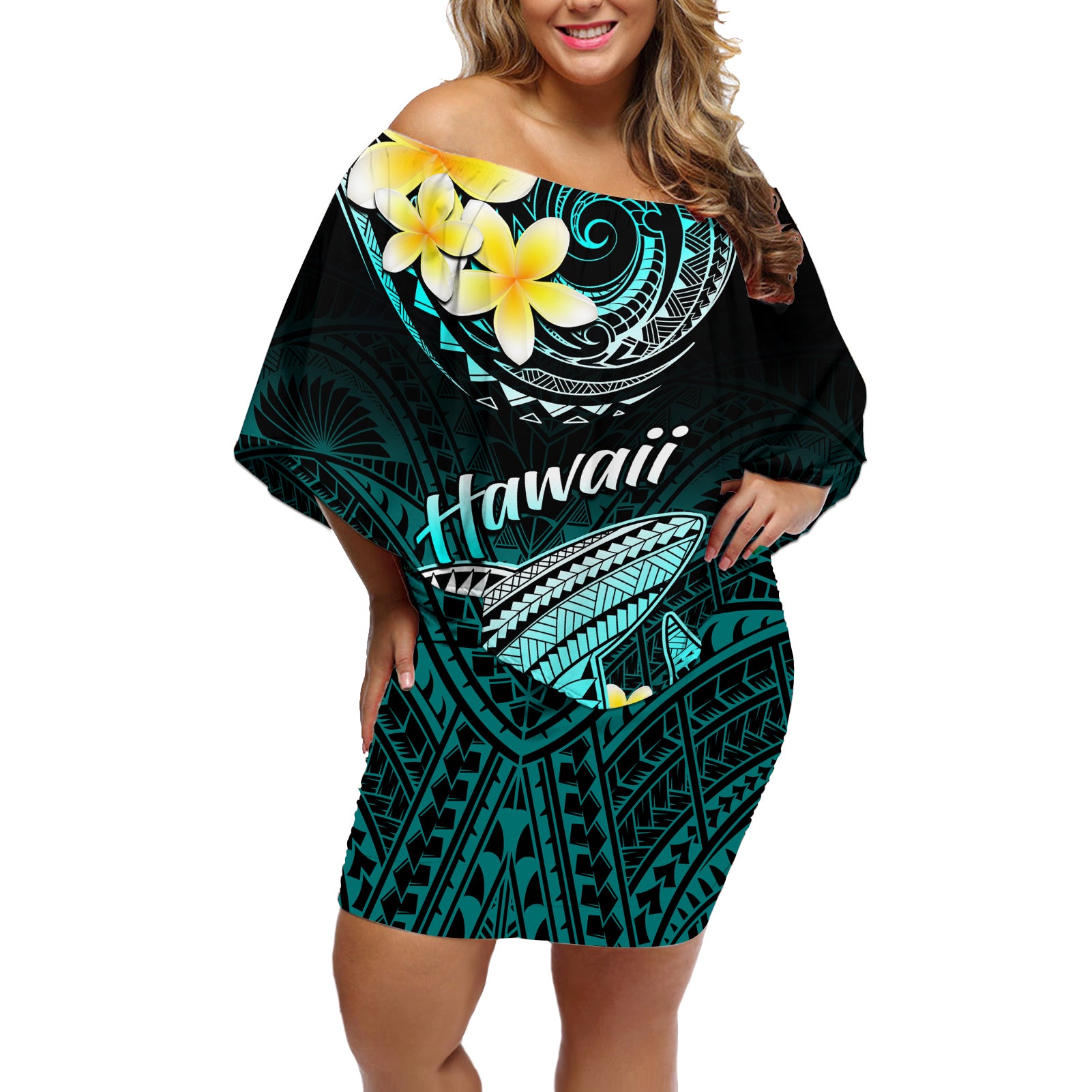 Personalised Hawaii Off Shoulder Short Dress Polynesian Shark with Kakau Turquoise Version LT01 Women Turquoise - Polynesian Pride