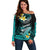 Personalised Hawaii Off Shoulder Sweater Polynesian Shark with Kakau Turquoise Version LT01 Women Turquoise - Polynesian Pride