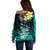 Personalised Hawaii Off Shoulder Sweater Polynesian Shark with Kakau Turquoise Version LT01 - Polynesian Pride