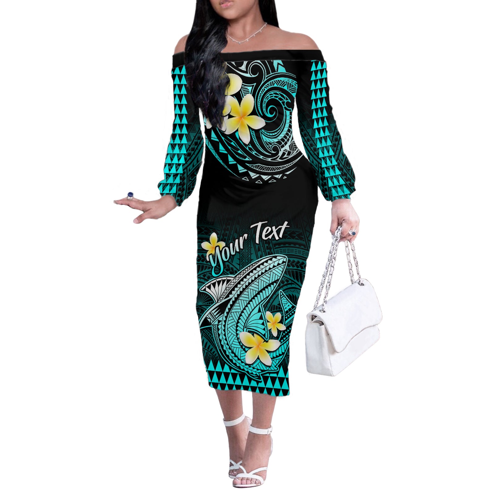 Personalised Hawaii Off The Shoulder Long Sleeve Dress Polynesian Shark with Kakau Turquoise Version LT01 Women Turquoise - Polynesian Pride