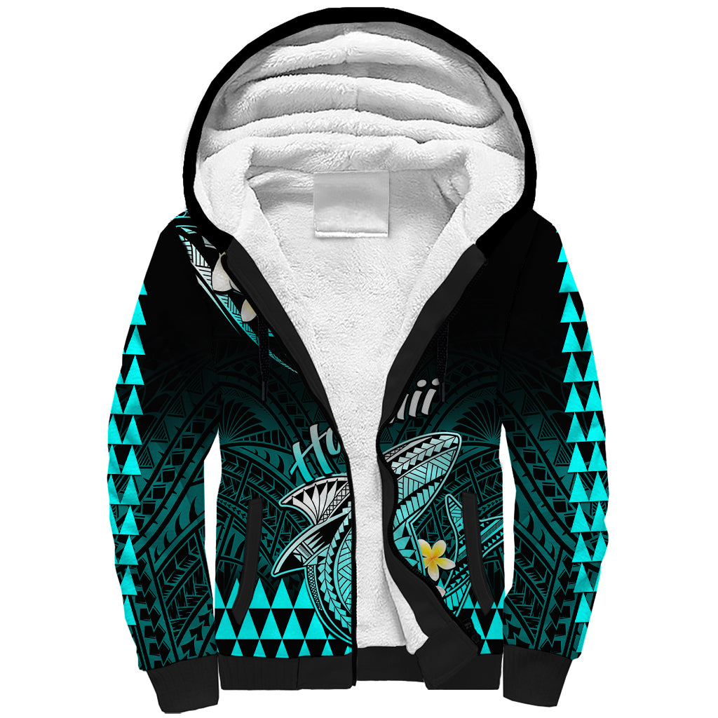 Personalised Hawaii Sherpa Hoodie Polynesian Shark with Kakau Turquoise Version LT01 Unisex Turquoise - Polynesian Pride