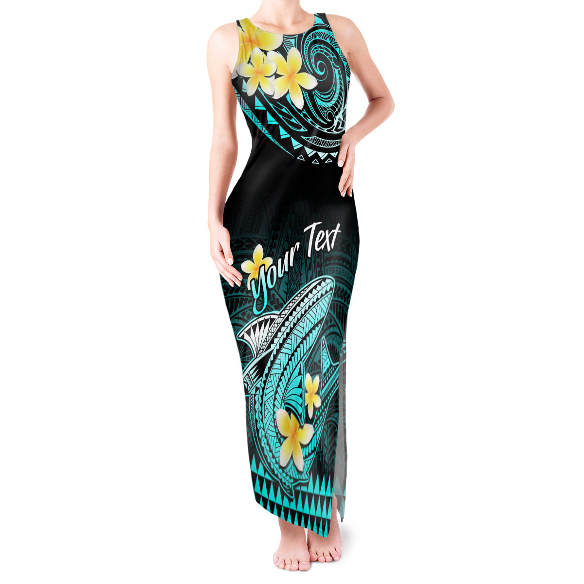 Personalised Hawaii Tank Maxi Dress Polynesian Shark with Kakau Turquoise Version LT01 Women Turquoise - Polynesian Pride