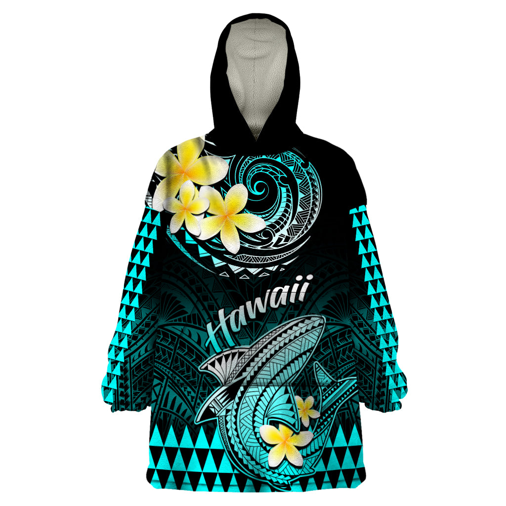 Personalised Hawaii Wearable Blanket Hoodie Polynesian Shark with Kakau Turquoise Version LT01 One Size Turquoise - Polynesian Pride