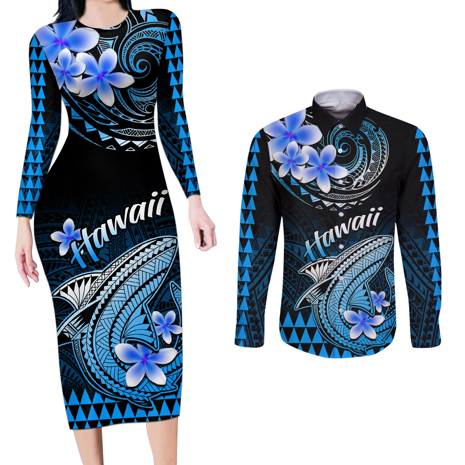 Hawaii Couples Matching Long Sleeve Bodycon Dress and Long Sleeve Button Shirts Polynesian Shark with Kakau Blue Version LT01 Blue - Polynesian Pride