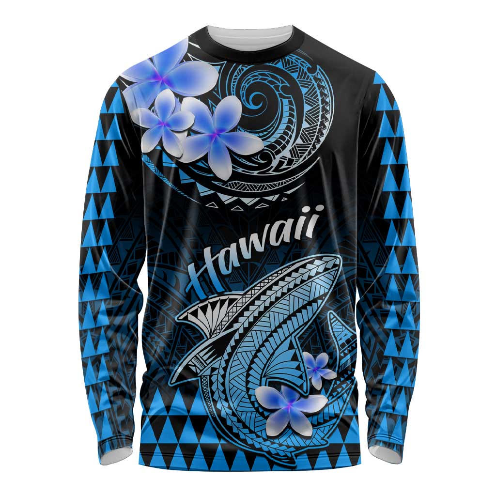Hawaii Long Sleeve Shirt Polynesian Shark with Kakau Blue Version LT01