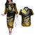 Hawaii Couples Matching Off The Shoulder Long Sleeve Dress and Hawaiian Shirt Polynesian Shark with Kakau Gold Version LT01 Gold - Polynesian Pride