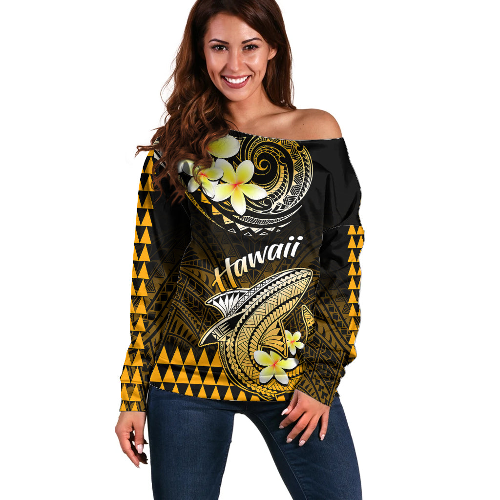 Hawaii Off Shoulder Sweater Polynesian Shark with Kakau Gold Version LT01 Women Gold - Polynesian Pride