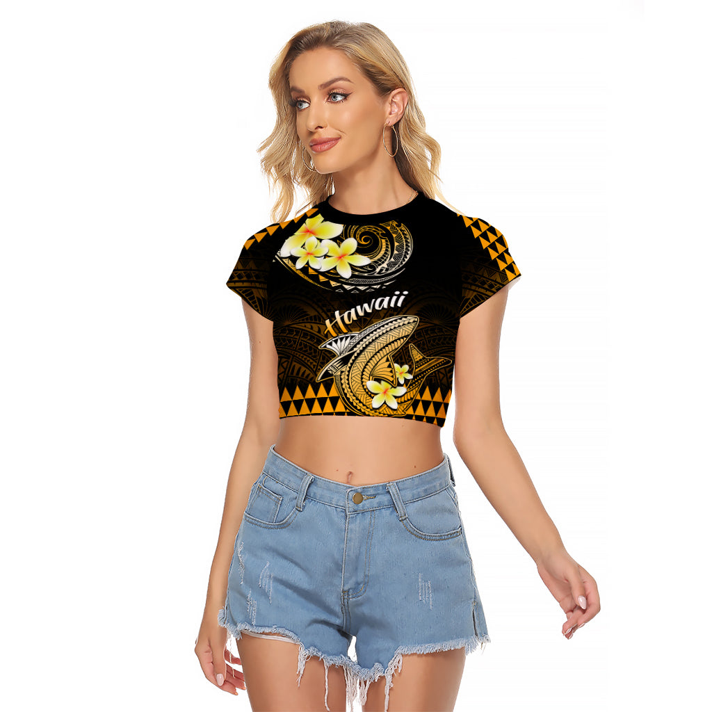 Hawaii Raglan Cropped T Shirt Polynesian Shark with Kakau Gold Version LT01 Female Gold - Polynesian Pride