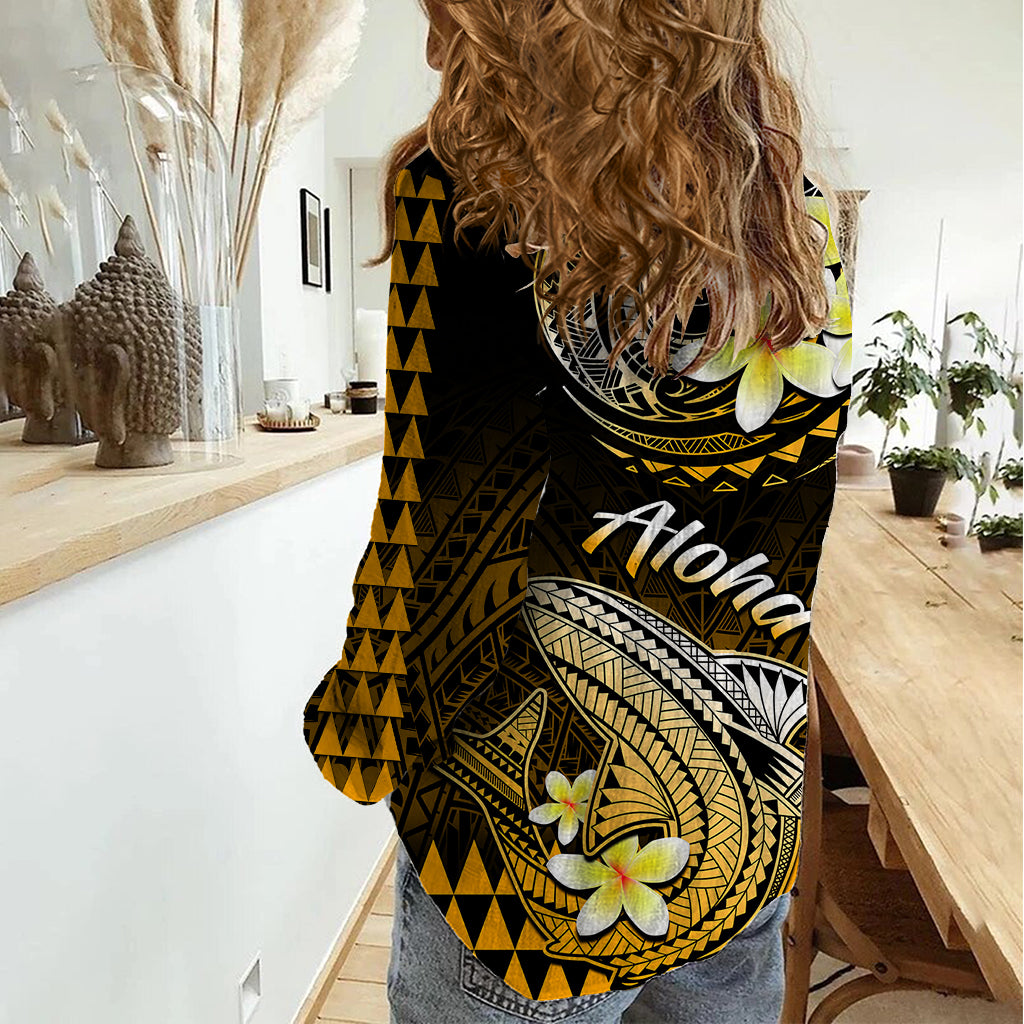 Hawaii Women Casual Shirt Polynesian Shark with Kakau Gold Version LT01 - Polynesian Pride
