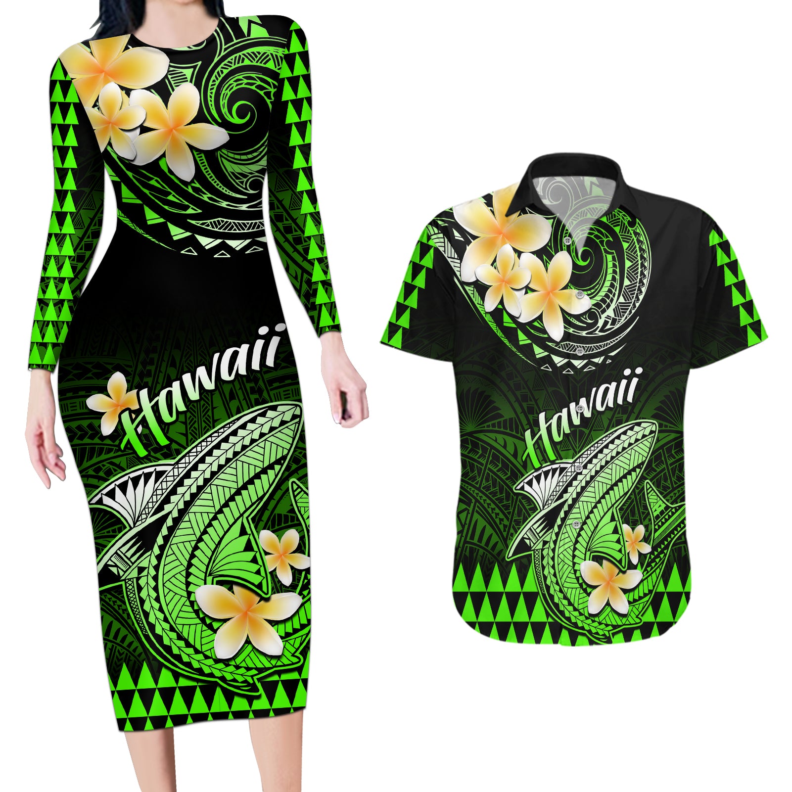 Hawaii Couples Matching Long Sleeve Bodycon Dress and Hawaiian Shirt Polynesian Shark with Kakau Green Version LT01 Green - Polynesian Pride