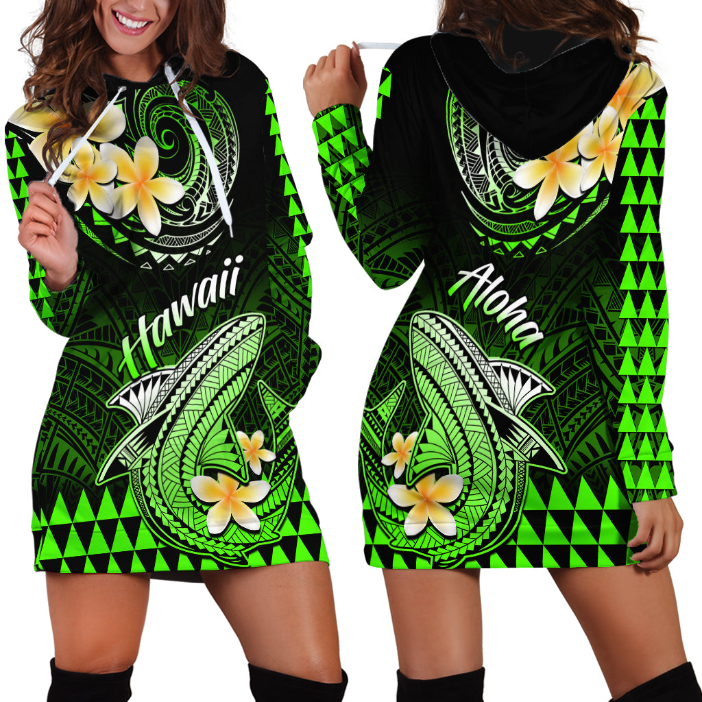 Hawaii Hoodie Dress Polynesian Shark with Kakau Green Version LT01 - Polynesian Pride