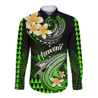 Hawaii Long Sleeve Button Shirt Polynesian Shark with Kakau Green Version LT01 Unisex Green - Polynesian Pride