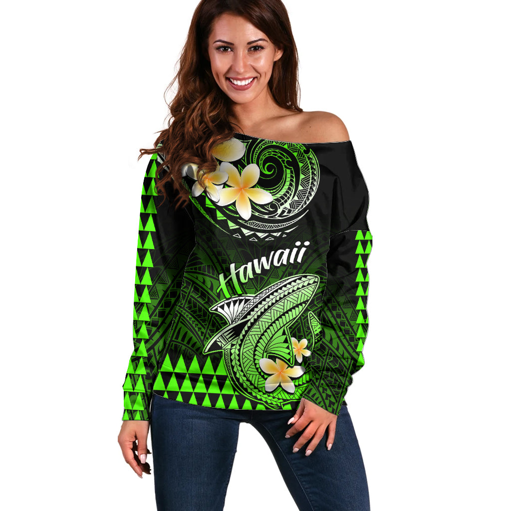 Hawaii Off Shoulder Sweater Polynesian Shark with Kakau Green Version LT01 Women Green - Polynesian Pride