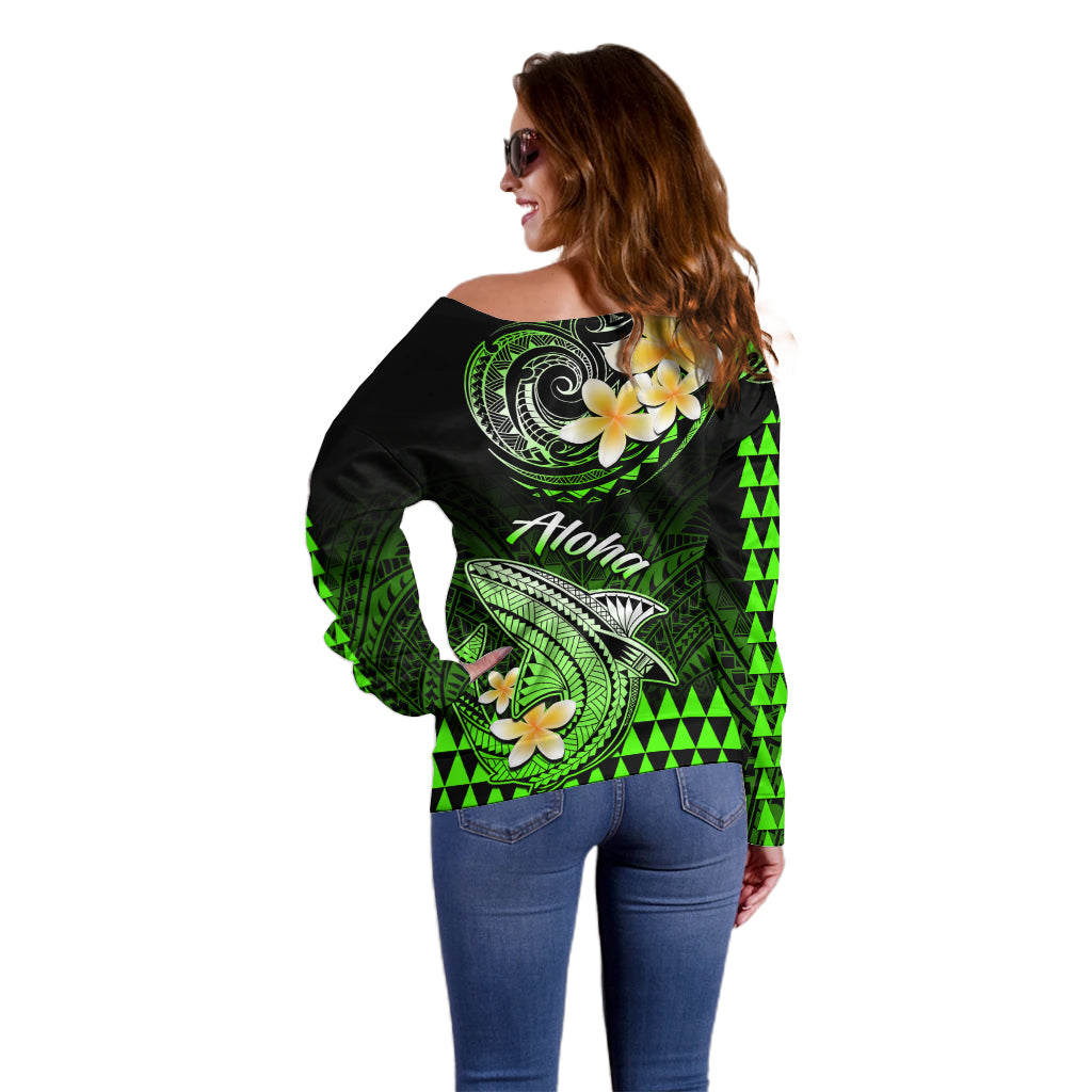 Hawaii Off Shoulder Sweater Polynesian Shark with Kakau Green Version LT01 - Polynesian Pride
