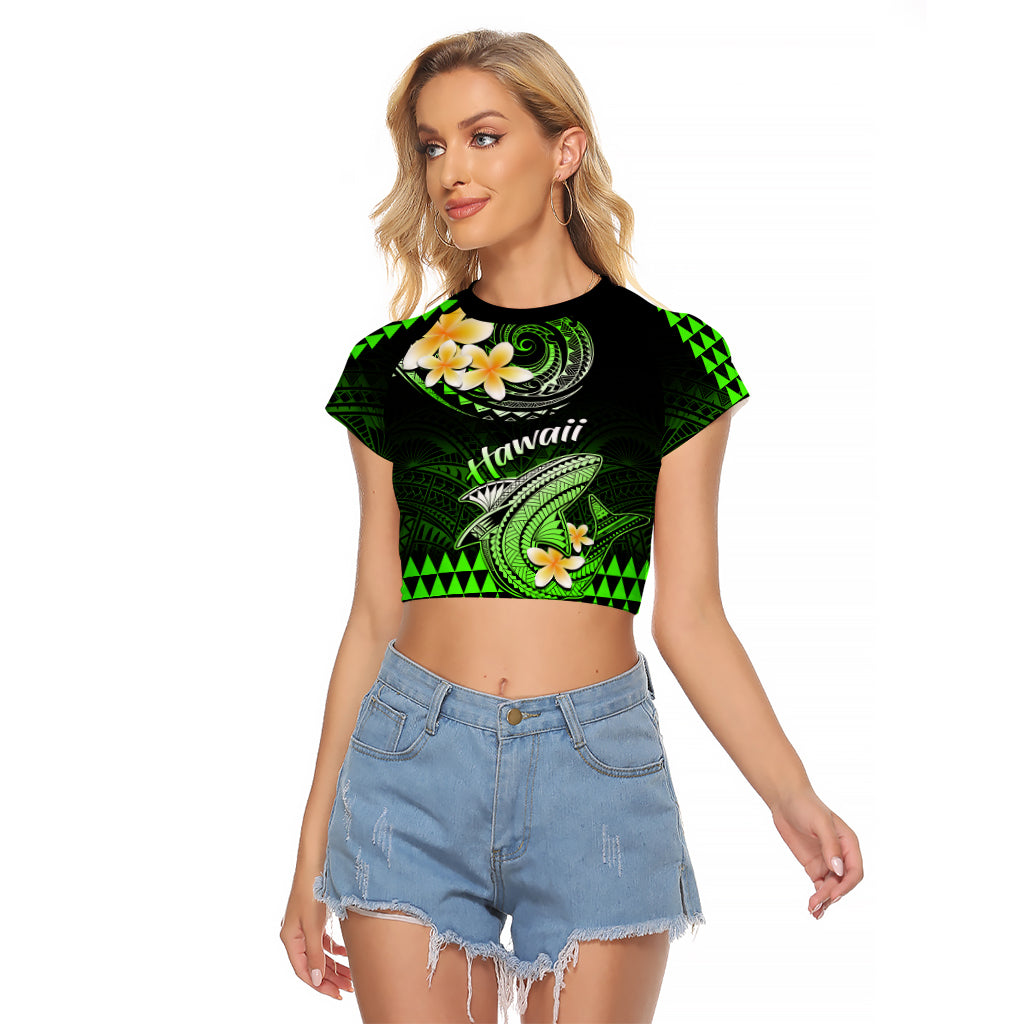 Hawaii Raglan Cropped T Shirt Polynesian Shark with Kakau Green Version LT01 Female Green - Polynesian Pride