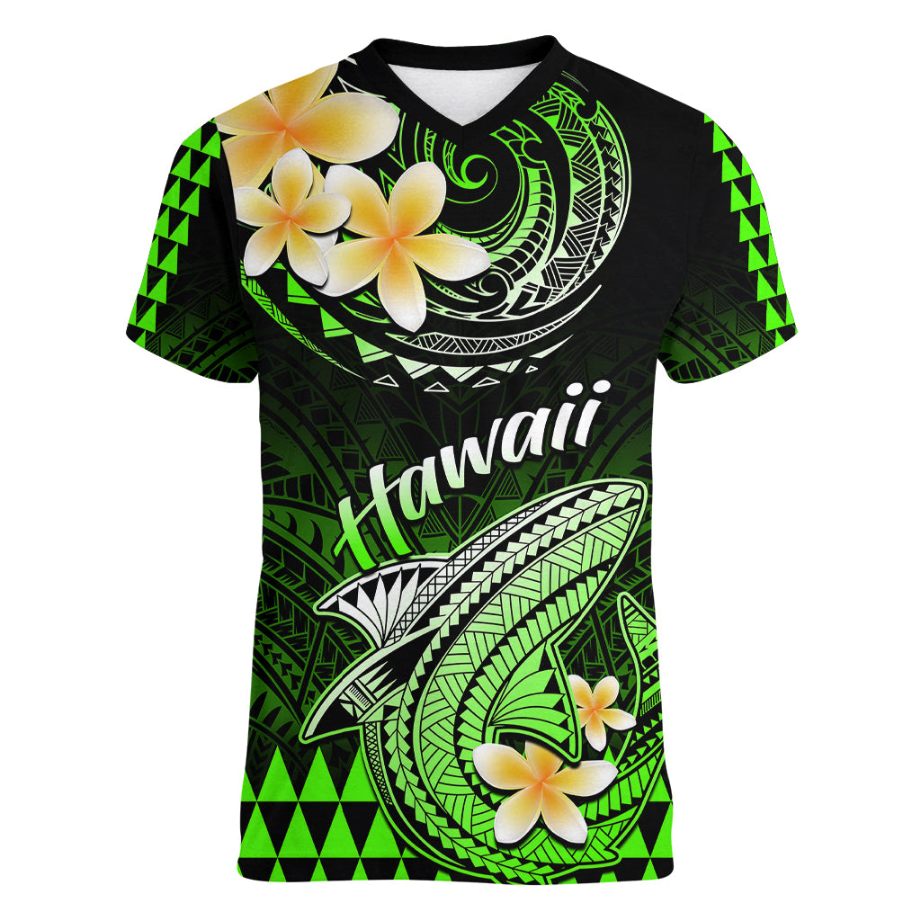 Hawaii Women V Neck T Shirt Polynesian Shark with Kakau Green Version LT01 Female Green - Polynesian Pride