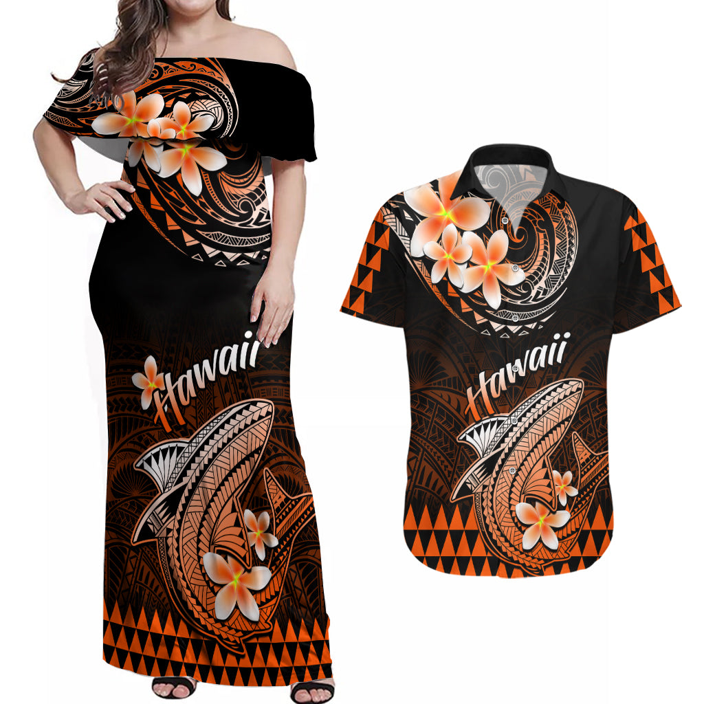 Hawaii Couples Matching Off Shoulder Maxi Dress and Hawaiian Shirt Polynesian Shark with Kakau Orange Version LT01 Orange - Polynesian Pride