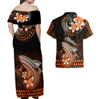 Hawaii Couples Matching Off Shoulder Maxi Dress and Hawaiian Shirt Polynesian Shark with Kakau Orange Version LT01 - Polynesian Pride