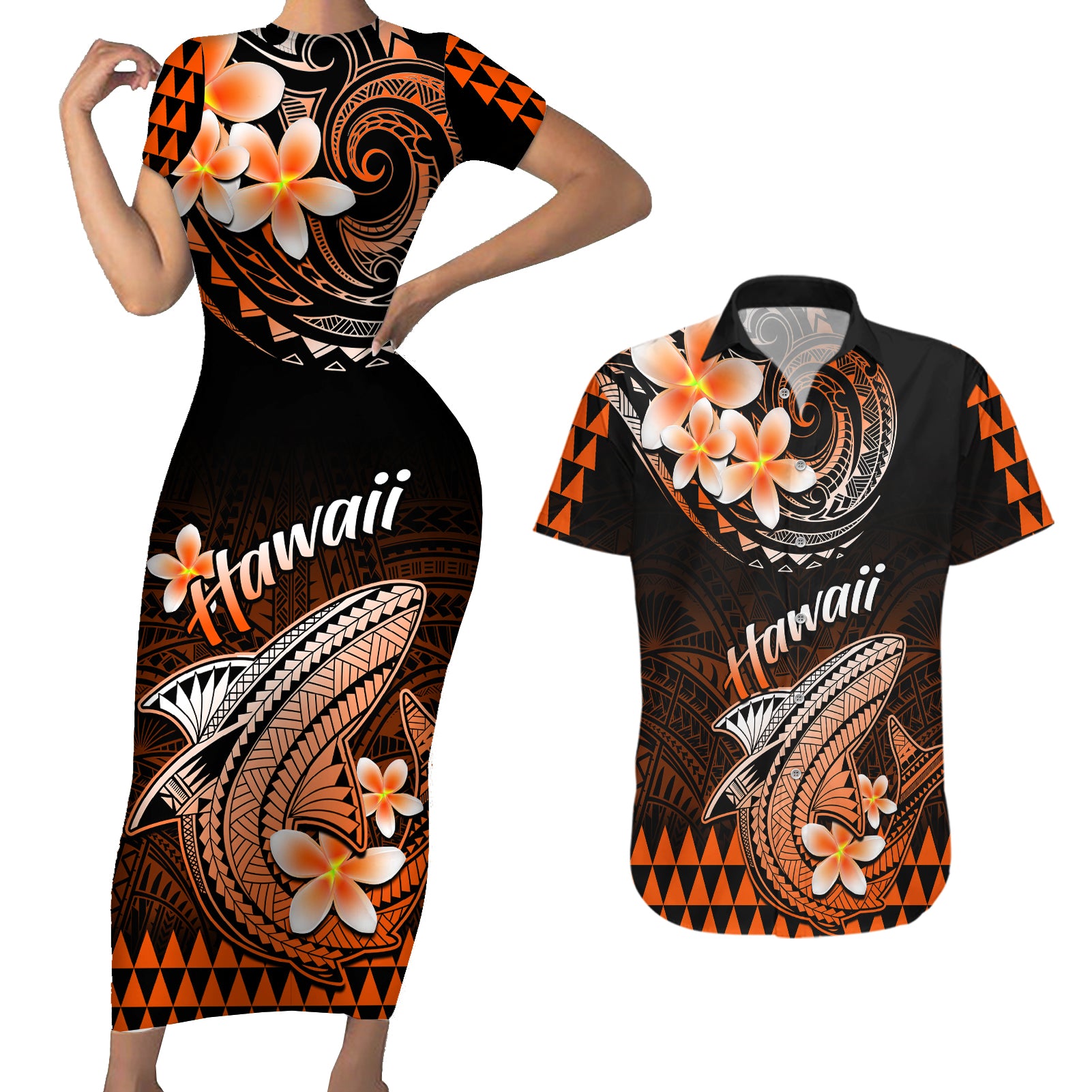 Hawaii Couples Matching Short Sleeve Bodycon Dress and Hawaiian Shirt Polynesian Shark with Kakau Orange Version LT01 Orange - Polynesian Pride