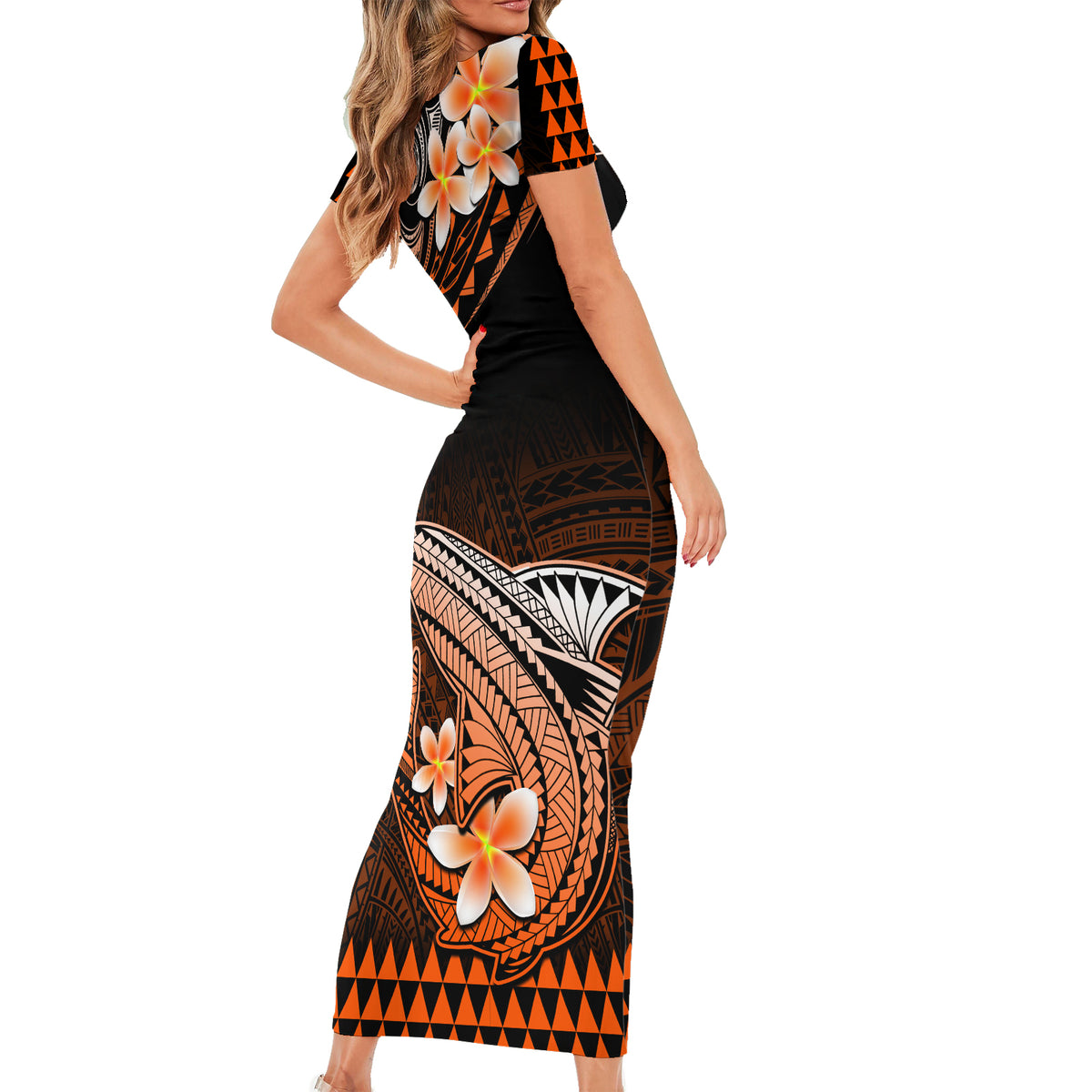 Hawaii Short Sleeve Bodycon Dress Polynesian Shark with Kakau Orange Version LT01 - Polynesian Pride