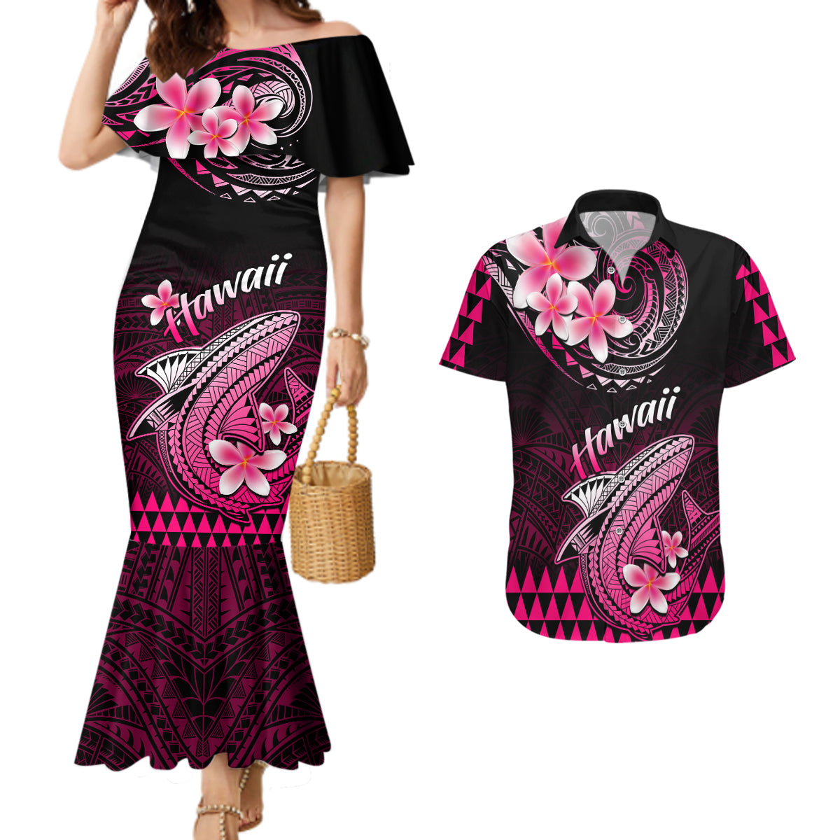 Hawaii Couples Matching Mermaid Dress and Hawaiian Shirt Polynesian Shark with Kakau Pink Version LT01 Pink - Polynesian Pride