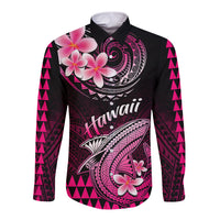 Hawaii Long Sleeve Button Shirt Polynesian Shark with Kakau Pink Version LT01 Unisex Pink - Polynesian Pride