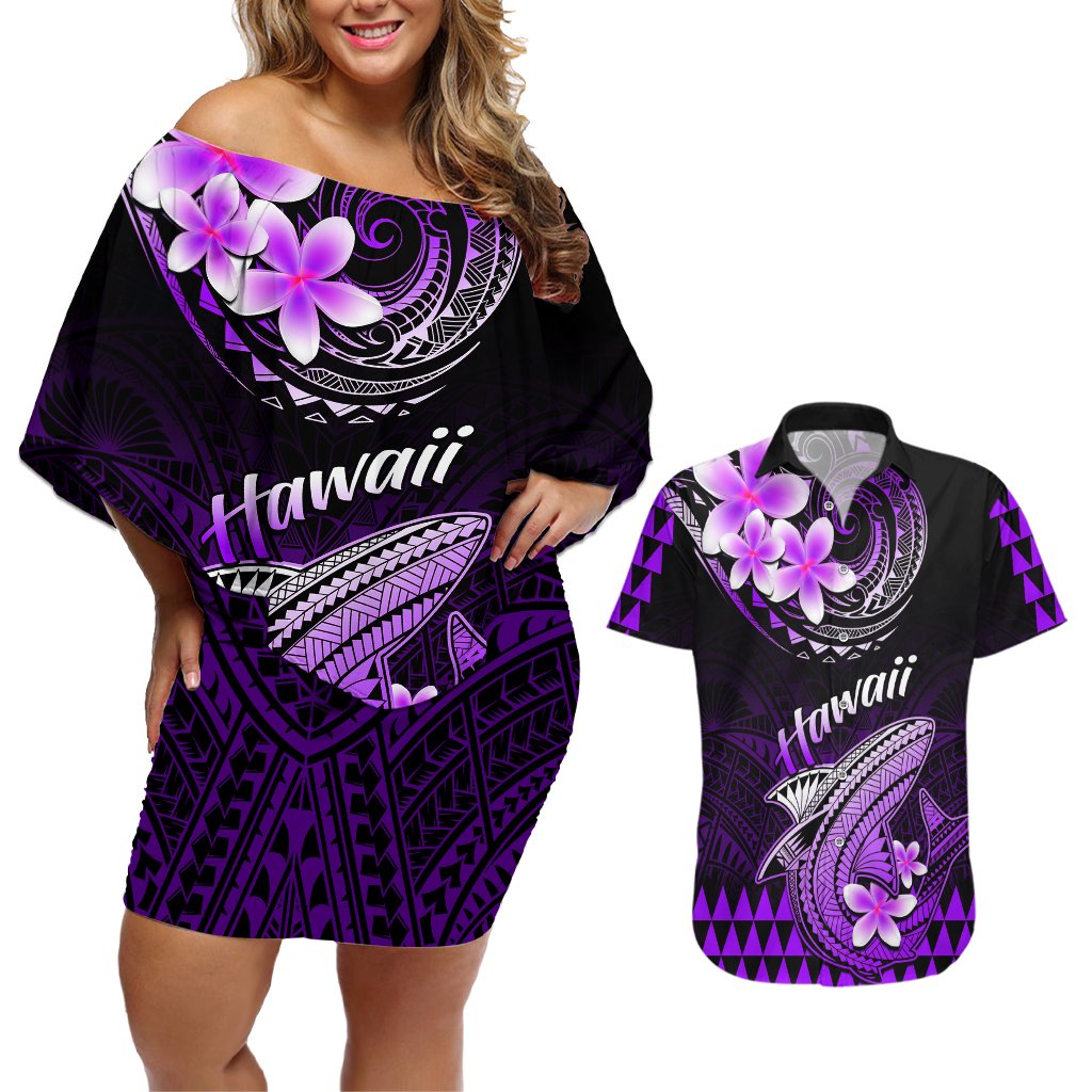 Hawaii Couples Matching Off Shoulder Short Dress and Hawaiian Shirt Polynesian Shark with Kakau Purple Version LT01 Purple - Polynesian Pride