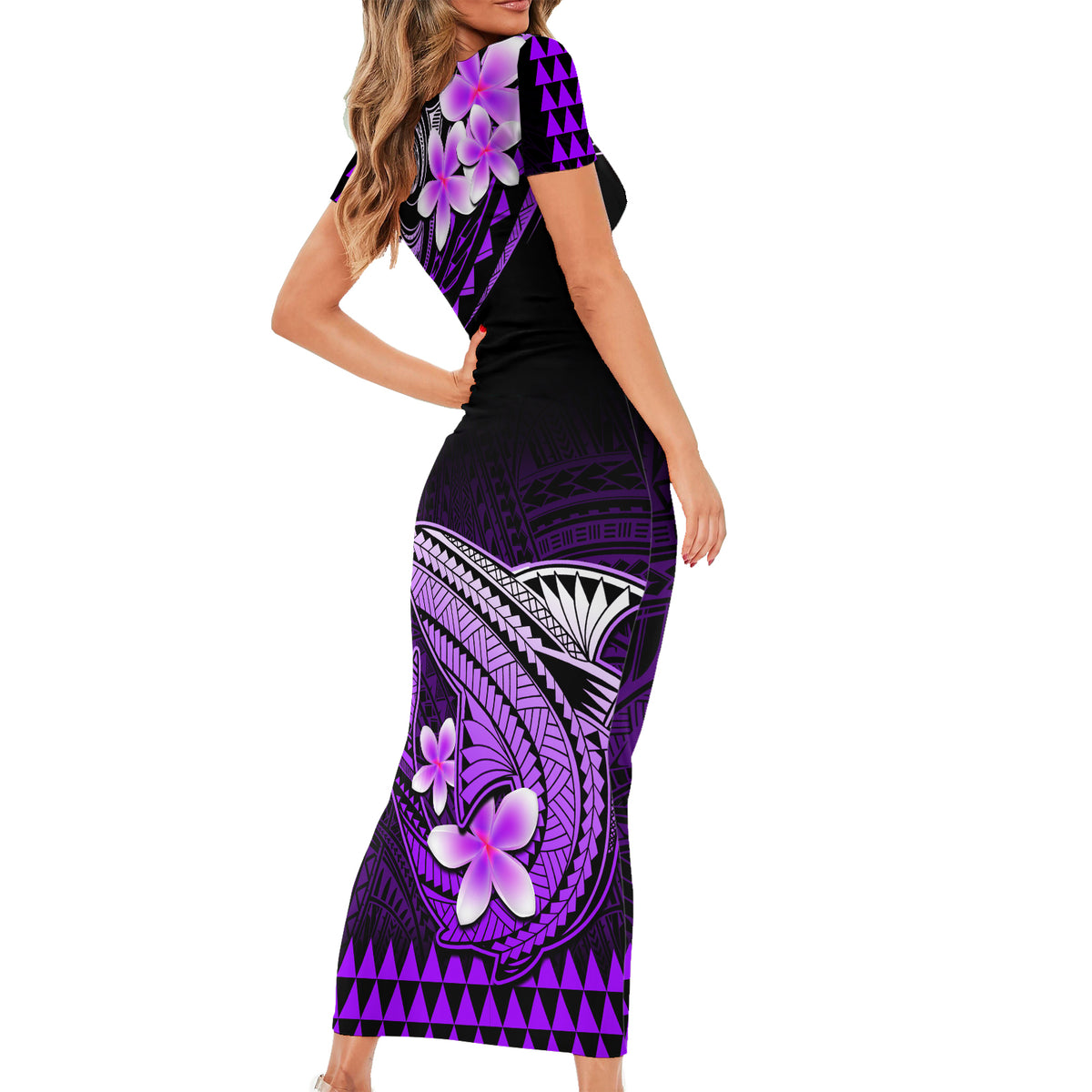 Hawaii Short Sleeve Bodycon Dress Polynesian Shark with Kakau Purple Version LT01 - Polynesian Pride